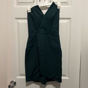 “What’s your angle” dark green strapless dress
